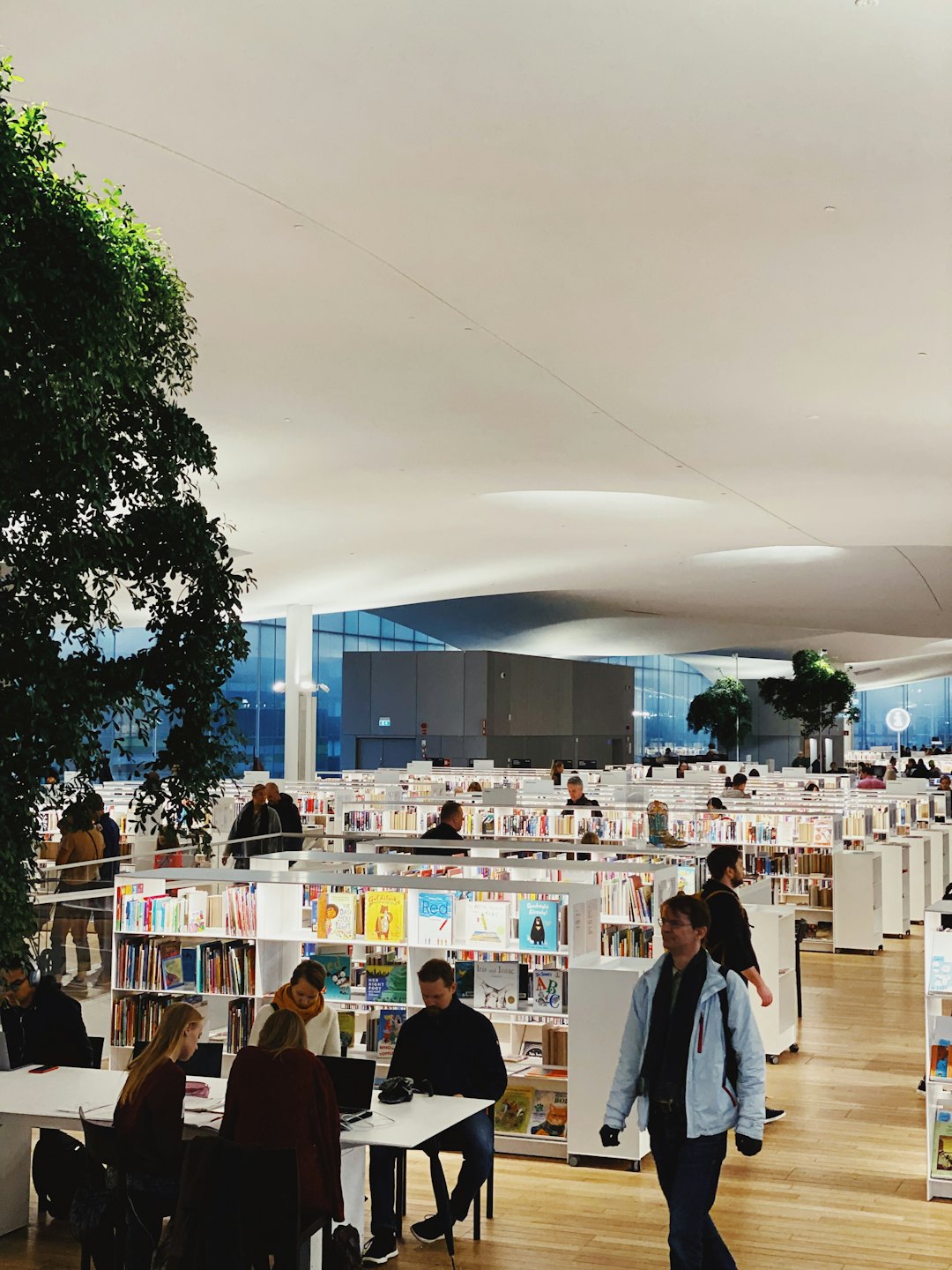 Ludzie pracują i czytają wśród nowoczesnych białych regałów w jasnej bibliotece.